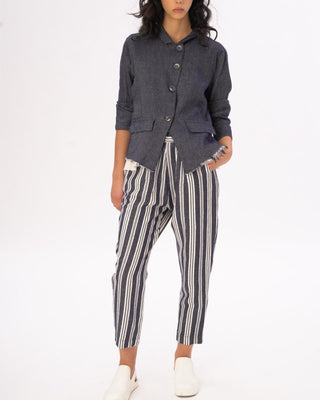 Indigo Striped Cotton Linen Elastic Pants - Baci Fashion