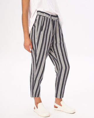 Indigo Striped Cotton Linen Elastic Pants - Baci Fashion