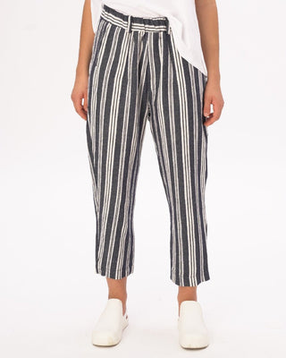 Indigo Striped Cotton Linen Elastic Pants - Baci Fashion