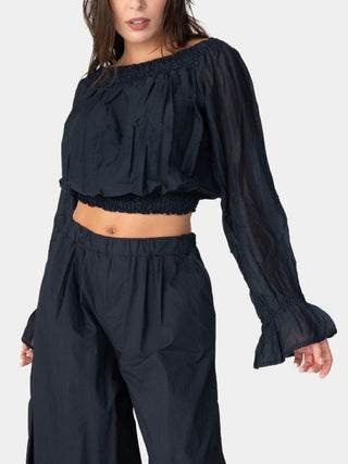 Long Flair Sleeve Bardot Crop Top - Baci Fashion