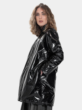 Mandarin Collar Padded Vinyl Coat - Baci Fashion