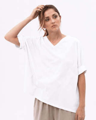 Organic Cotton V - neck Cuffed Short Sleeve Top - Baci Fashion