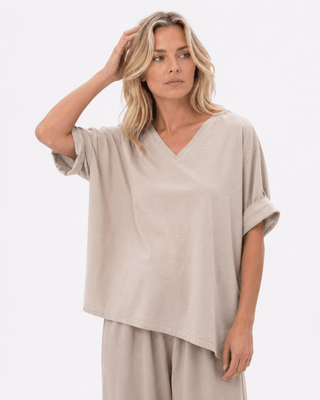 Organic Cotton V-neck Cuffed Short Sleeve Top - Baci Fashion