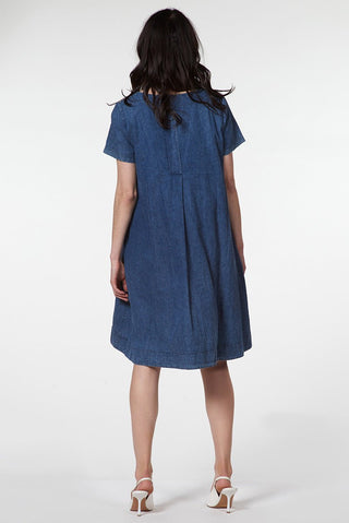 Short Sleeve Denim Dress with Round Neckline - Baci Fashion
