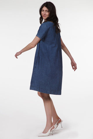 Short Sleeve Denim Dress with Round Neckline - Baci Fashion