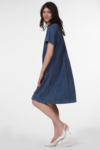 Short Sleeve Denim Dress with Round Neckline - Baci Fashion