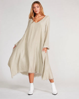 Silk Blend Deep V-Neck Raw Hem Maxi Dress - Baci Fashion