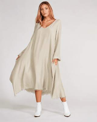 Silk Blend Deep V-Neck Raw Hem Maxi Dress - Baci Fashion