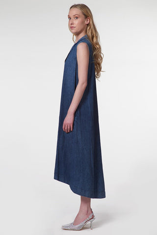 Sleeveless Denim Midi Dress with V - Neck - Baci Fashion