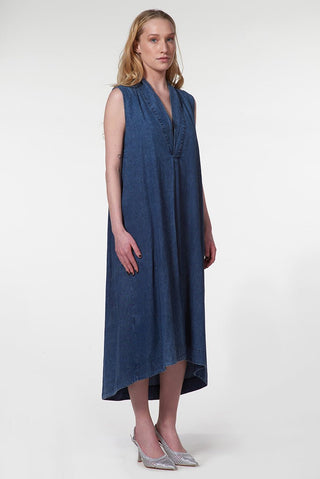 Sleeveless Denim Midi Dress with V - Neck - Baci Fashion