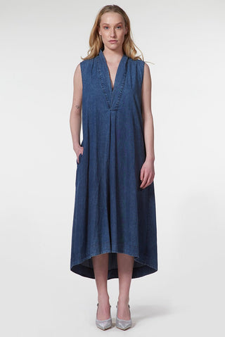 Sleeveless Denim Midi Dress with V - Neck - Baci Fashion