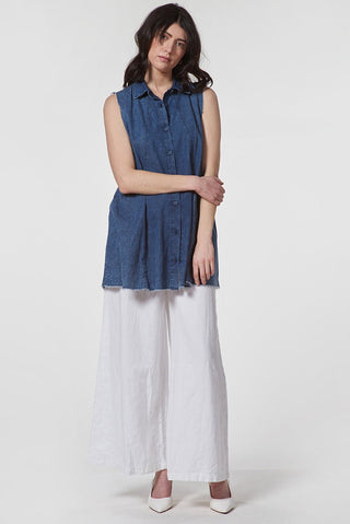 Sleeveless Raw - Edge Denim Shirt with Button Front - Baci Fashion