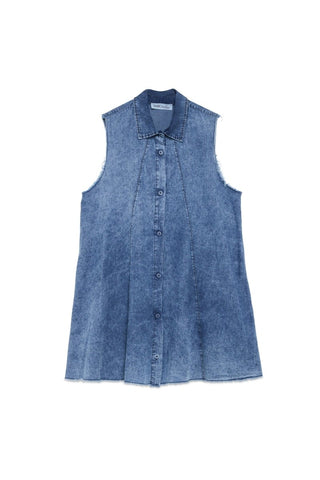 Sleeveless Raw - Edge Denim Shirt with Button Front - Baci Fashion