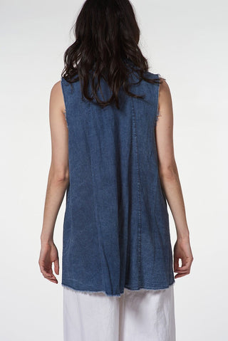 Sleeveless Raw - Edge Denim Shirt with Button Front - Baci Fashion