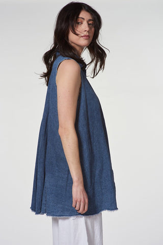 Sleeveless Raw - Edge Denim Shirt with Button Front - Baci Fashion