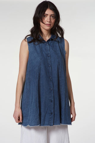 Sleeveless Raw - Edge Denim Shirt with Button Front - Baci Fashion