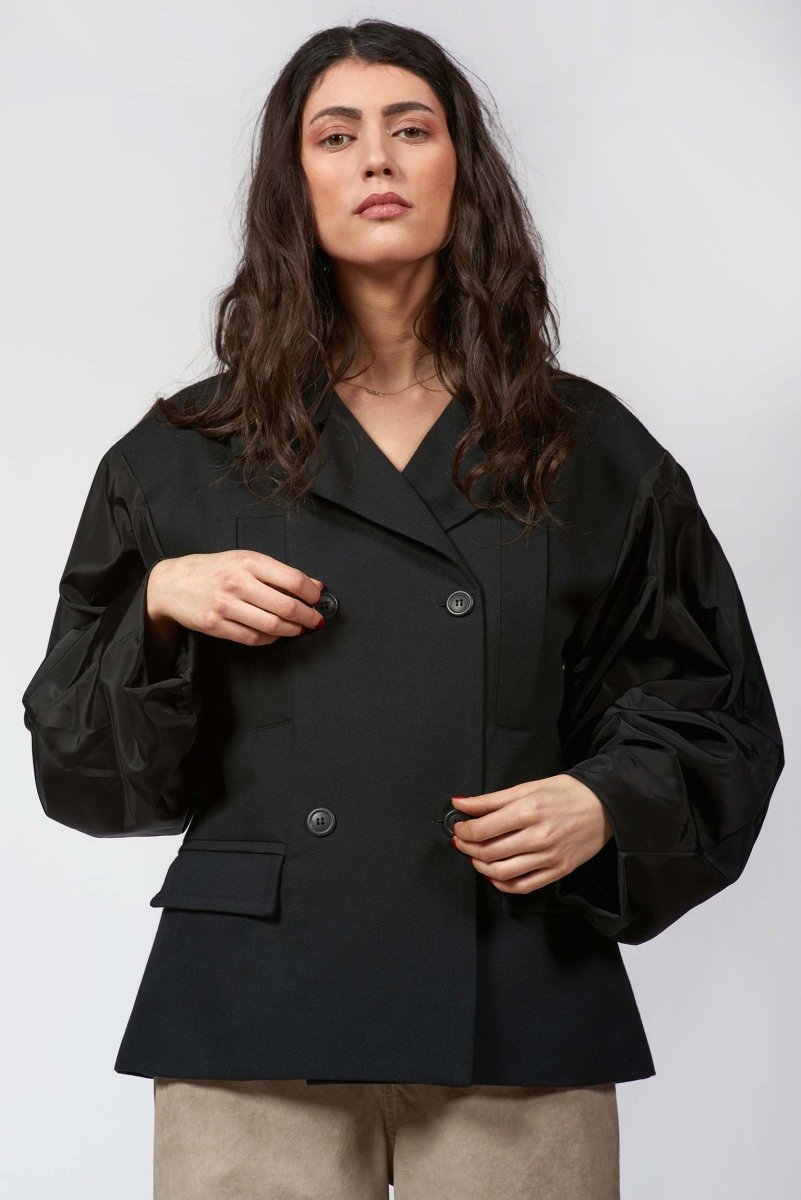 Solid- Colored Jacket with Taffeta Sleeves – Baci Fashion