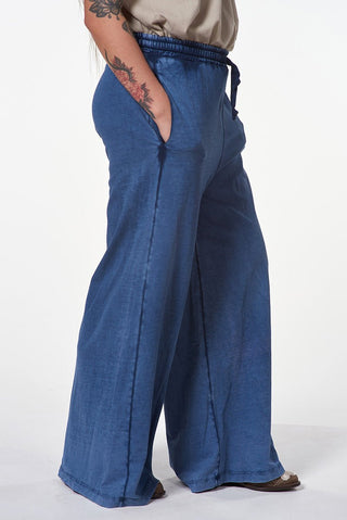 Stonewashed Cotton Palazzo Trousers with Drawstring Waist - Baci Fashion