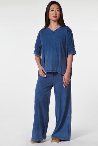 Stonewashed Cotton Palazzo Trousers with Drawstring Waist - Baci Fashion