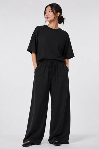Stonewashed Cotton Palazzo Trousers with Drawstring Waist - Baci Fashion