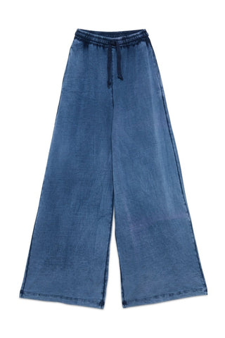 Stonewashed Cotton Palazzo Trousers with Drawstring Waist - Baci Fashion