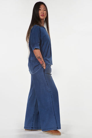 Stonewashed Cotton Palazzo Trousers with Drawstring Waist - Baci Fashion