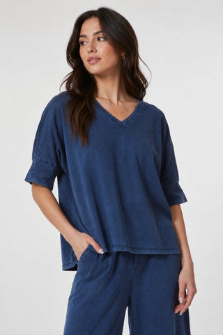 Stonewashed Cotton V-Neck T-Shirt with 3/4 Sleeves - Baci Fashion