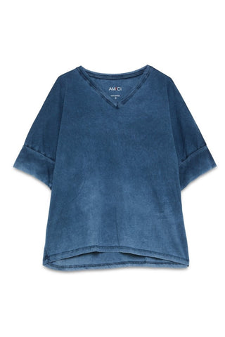 Stonewashed Cotton V - Neck T-Shirt with 3/4 Sleeves - Baci Fashion