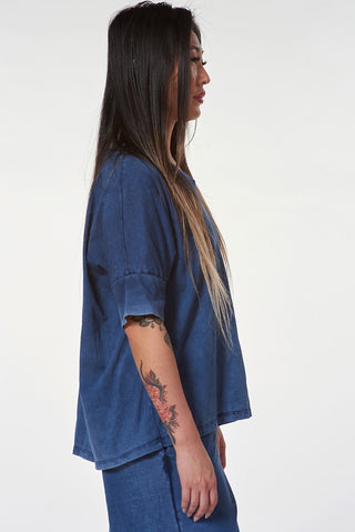 Stonewashed Cotton V - Neck T-Shirt with 3/4 Sleeves - Baci Fashion