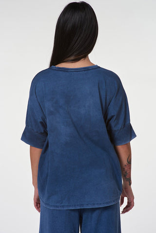 Stonewashed Cotton V - Neck T-Shirt with 3/4 Sleeves - Baci Fashion