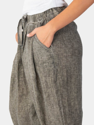 Stonewashed Linen Elastic Tie Waist Cropped Pants - Baci Fashion