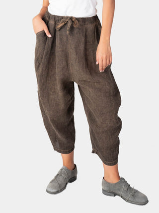 Stonewashed Linen Elastic Tie Waist Cropped Pants - Baci Fashion