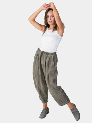 Stonewashed Linen Elastic Tie Waist Cropped Pants - Baci Fashion