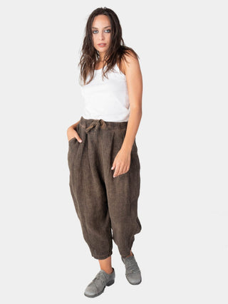 Stonewashed Linen Elastic Tie Waist Cropped Pants - Baci Fashion