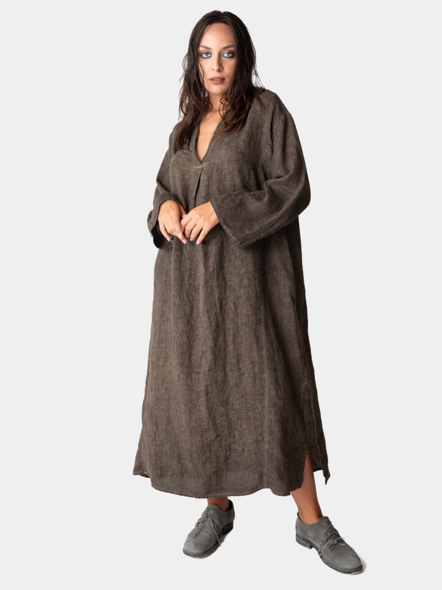 Stonewashed Linen V-Neck Kaftan Dress CHARCOAL / L Stonewashed Linen V-Neck Kaftan Dress CHARCOAL / L