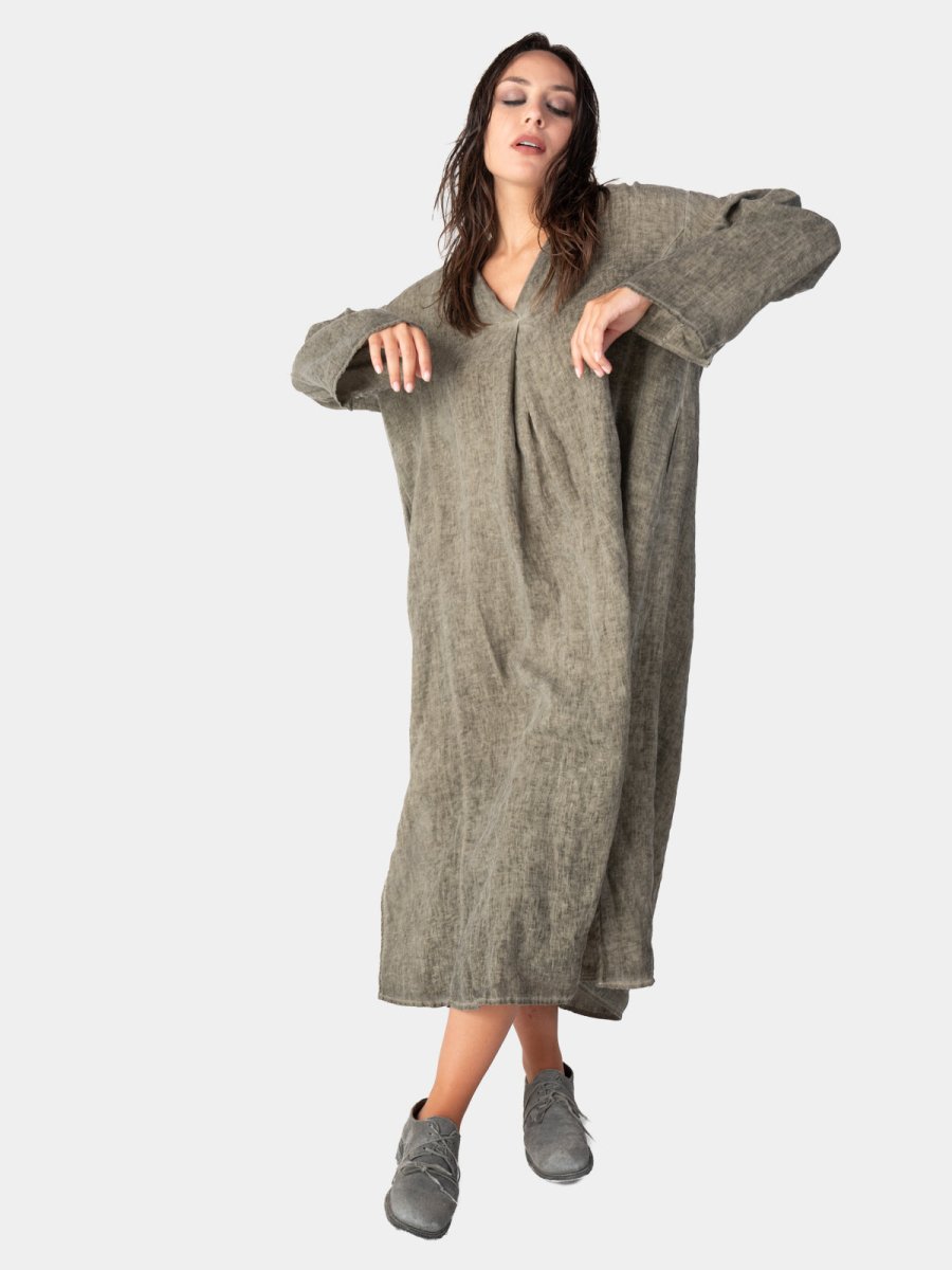 Stonewashed Linen V-Neck Kaftan Dress CHARCOAL / M Stonewashed Linen V-Neck Kaftan Dress CHARCOAL / M