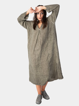 Stonewashed Linen V-Neck Kaftan Dress - Baci Fashion