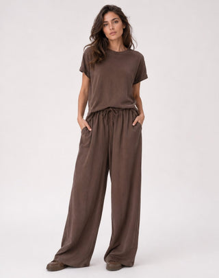 Stonewashed Organic Cotton Palazzo Elastic Pants - Baci Fashion