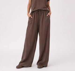 Stonewashed Organic Cotton Palazzo Elastic Pants - Baci Fashion