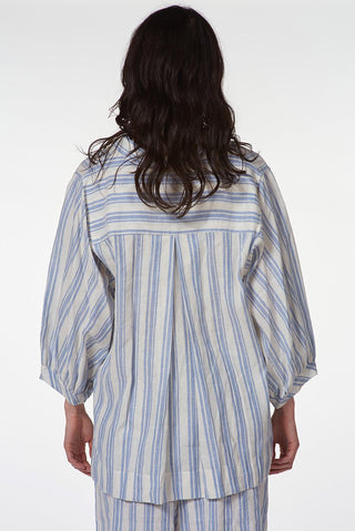 Striped Cotton Linen Shirt with Stand - up Collar - Baci Fashion