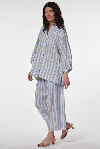 Striped Cotton Linen Shirt with Stand - up Collar - Baci Fashion