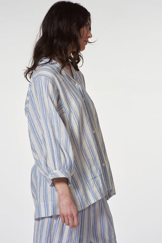 Striped Cotton Linen Shirt with Stand - up Collar - Baci Fashion