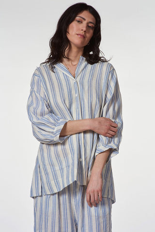 Striped Cotton Linen Shirt with Stand - up Collar - Baci Fashion