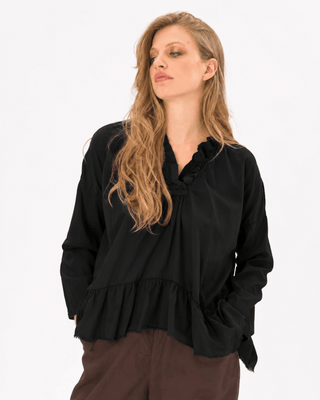 V - Neck Ruffled Tie Collar Cotton Shirt - Baci Fashion