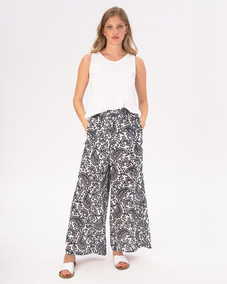 Watercolor Paisely Floral Elastic Waist Cotton Palazzo Pants - Baci Fashion