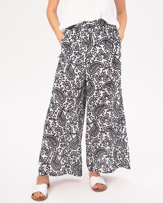 Watercolor Paisely Floral Elastic Waist Cotton Palazzo Pants - Baci Fashion