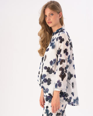 model wearing a floral print outfit against a white background