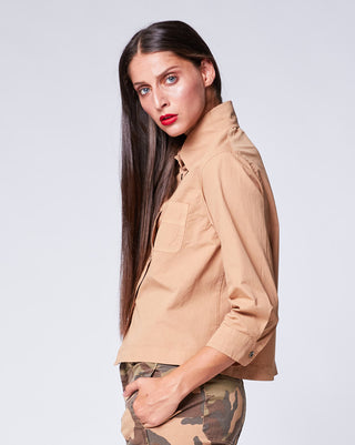 Cropped Collared Neck Button-Up Boxy Cotton Camel Shirt