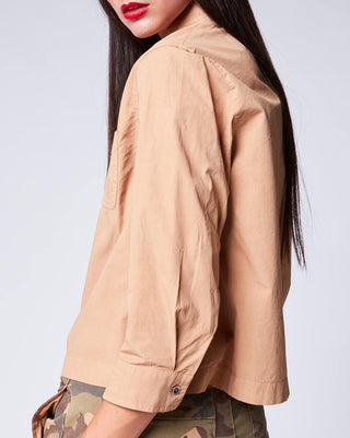 Cropped Collared Neck Button-Up Boxy Cotton Camel Shirt