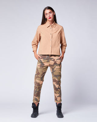 Cropped Collared Neck Button-Up Boxy Cotton Camel Shirt